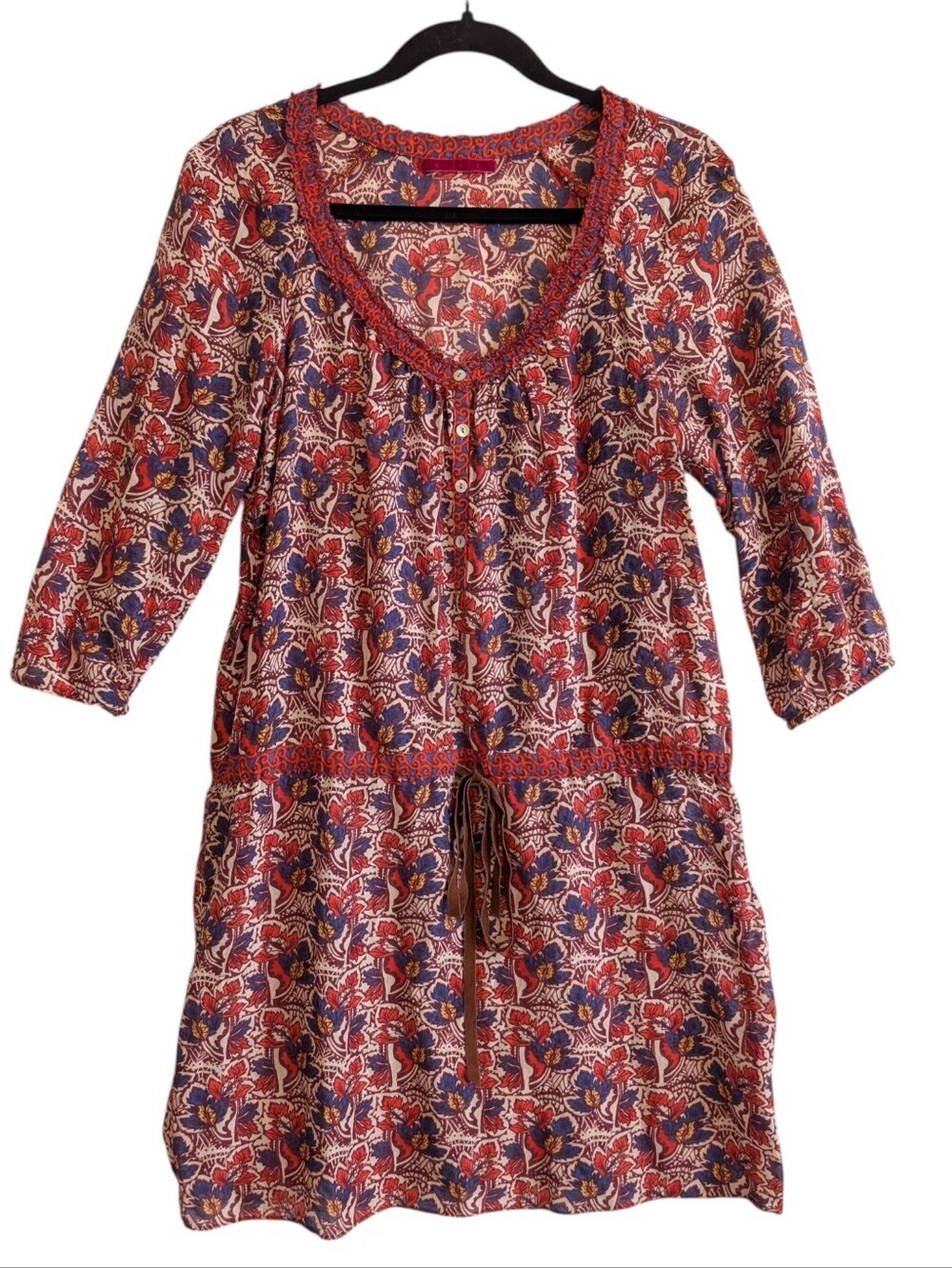 VELVET Graham & Spencer Silk Blend peasant 3/4 sleeve Mini Dress Tunic Floral